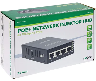 Produktbild von InLine 32304H, 10 Gigabit Ethernet, 10000 Mbit/s, IEEE 802.3at, IEEE 802.3af, IEEE 802.3an, IEEE 802.3bz, IEEE 802.3ab, IEEE 802.3u, Schwarz, 56 V, 65 W