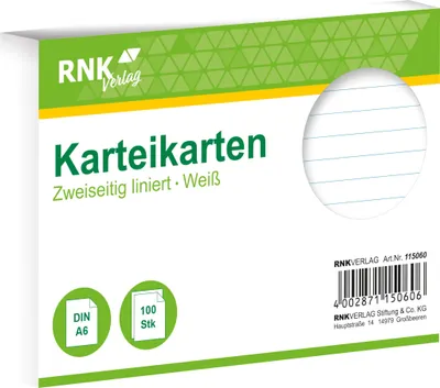 Obrázek produktu pro RNK Verlag 115060 Kartotéční lístky - DIN A6, linkované, bílé, 100 karet