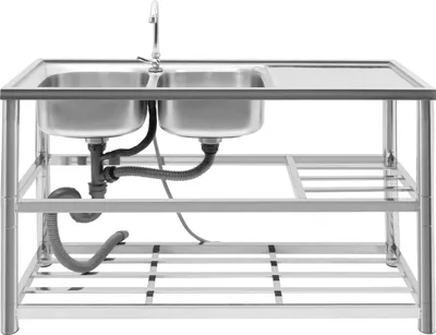 Zdjęcie produktu dla Zlewozmywak gastronomiczny - Zlewozmywak wolnostojący dwukomorowy - Stal nierdzewna 201 - 120x45x80 cm - Z kranem i ociekaczem - 3 półki - Srebrny
