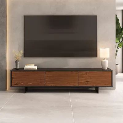 Produktbild von Lowboard ARTO 184 cm, Schwarz/Kastanie Finish – moderne TV Konsole mit 3 Türen aus Kiefer Massivholz, schwebende Optik , Push-to-Open-Funktion, niedriges Lowboard mit Stauraum