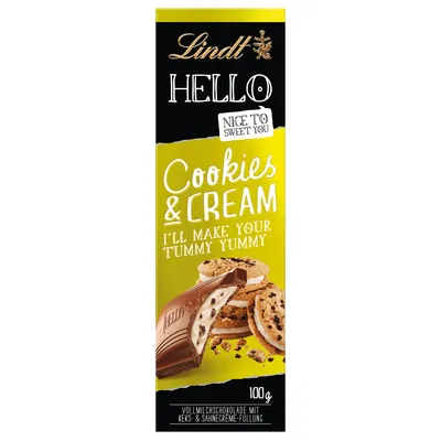 Produktbild von Lindt Hello Tafel Cookie und Cream mit knusprigen Cookiestückchen 100g