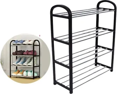 A black four-tier shoe rack with metal shelves, shown both empty and with shoes on it in a circular inset.