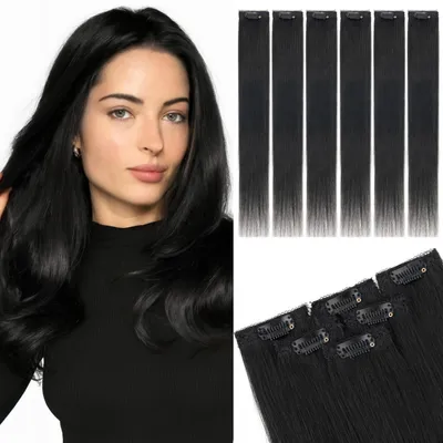 Immagine prodotto di Clip-in per extension di capelli naturali, 6 pezzi, 35 cm, lisci, neri, 36 grammi