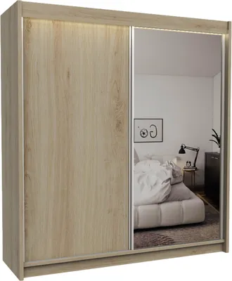 Produktbild von ALTDECOR Kleiderschrank mit Spiegel und Schiebetüren, kugelgelagerte Führungsschienen und Aluminium-Leisten, LED-Beleuchtung mit Fernbedienung - PARTI - 200 cm - Braun