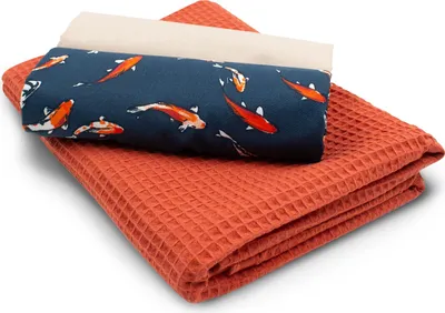 Produktbild von Koi Fische Set92 Waffelstoff Set  1x Waffelstoff + 2x  Baumwollstoff Druck und Uni  je 0,5m x 1,5m Stoffpaket DIY Projekt
