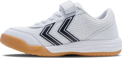 A side view of a white and black child's athletic shoe with a gum sole.