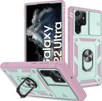 Image de Etui pour Samsung Galaxy S23 Ultra protection coulissante de l'appareil photo, résistant aux chocs, avec porte-anneau, support et porte-cartes Rose Vert