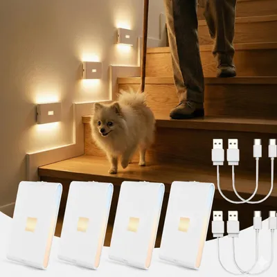 Produktbild von 4x LED Nachtlicht mit Bewegungsmelder und Dämmerungssensor, USB-C (3000mAh), kabellose Schrankbeleuchtung, für Kinderzimmer, Treppe, Schlafzimmer,Flur