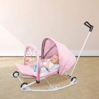 Produktbild von 2 in 1 Babywippe mit Schubstange,Klappbar Babyschaukel mit Spielzeugen und Moskitonetz für Säuglinge von 0–6 Monaten Rosa