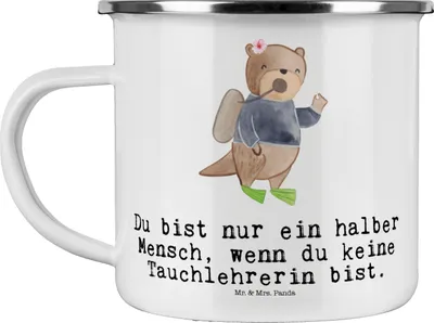 Produktbild von Mr. & Mrs. Panda Teetasse Tauchlehrerin Herz - Weiß - Geschenk, Teebecher, Campingtasse, Emaille Becher, Kaffeepott, Pott