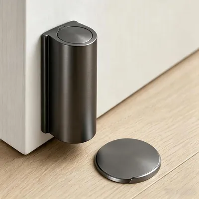 Zdjęcie produktu dla Magnetyczne zatrzymywacze drzwi, samoprzylepne, ze stali nierdzewnej, płaskie, o grubości 1,6 mm, do montażu na podłodze i ścianie