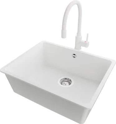 Produktbild von PRIMAGRAN Granitspüle Weiß 56x44cm, Spülbecken 1 Becken + Küchenarmatur 38x14cm + Ablauf-Set, Küchenspüle ab 60er Unterschrank - Venedig Slim Easy