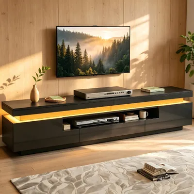Produktbild von okwish Hochglanz Schwarz TV Schrank mit LED und L-förmigen Türen, TV Lowboard mit Schubladen und offenen Fächern, für Fernseher um die 75 Zoll