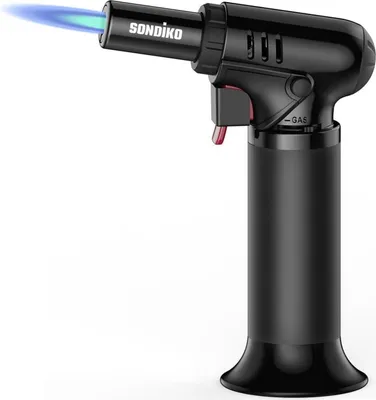 A black Sondiko torch with a blue flame is shown against a white background.