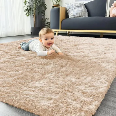 Produktbild von Teppich - 240 x 340 cm - Polyester - Hochflor - Rutschfest - Maschinenwaschbar - Beige