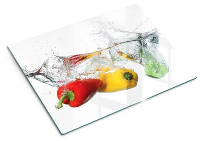 Imagen del producto de Tabla de cortar de vidrio - 40x30 cm - Tabla para la cocina - Vidrio templado - Protector para encimeras - Tabla para servir - Resistente al calor - Diseño "Peppers Splash"