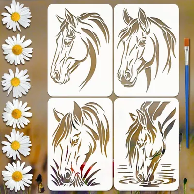 Productafbeelding van Set van 4 paardenkop schablonen met 1 penseel 21x29,7 cm