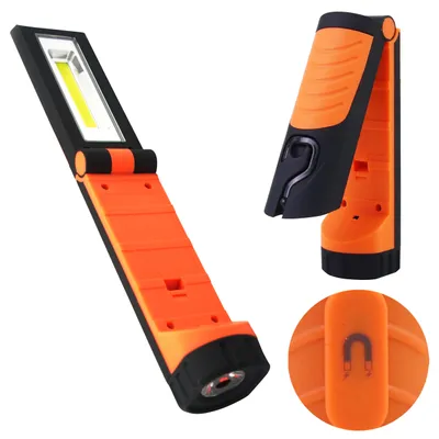 Produktbild von LED Arbeitsleuchte 3in1 3W COB 240lm + 1W LED 80lm 3xAAA 6000K Kaltweiß Magnet Haken Batteriebetrieb Schwarz Orange