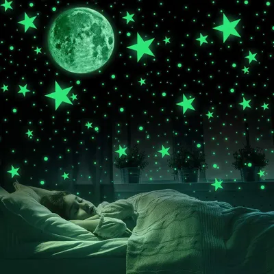 Produktbild von Leuchtsticker Wandtattoo wandsticker kinderzimmer selbstklebend 435 Stück Leuchtpunkte selbstklebend und 30cm Mond Wandsticker für Sternenhimmel-leuchtsterne und fluoreszierend Leuchtaufkleber