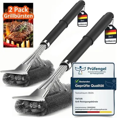 Produktbild von Grillbürste 3-in-1 mit Edelstahlborsten, Spatel und hitzebeständigem Griff für Gas-, Holzkohle-, Pellet- und Elektrogrills – Zubehör für den Grill