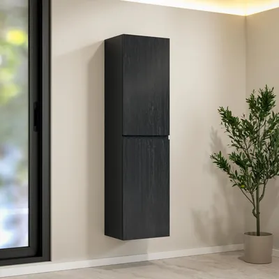 Image de Armoire haute de salle de bain Mirlux – Bois noir – 150 cm – MODERNE – Armoire de salle de bain étroite – Fixation murale – Façades en MDF