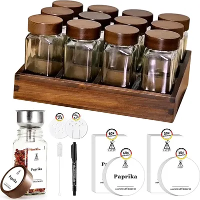 Immagine prodotto di Set di contenitori per spezie con ripiano - 12 pezzi - Vetro borosilicato da 120 ml - Ermetico - Senza BPA - Legno di acacia - Organizzatore per la cucina