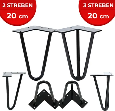 Produktbild von Hairpin Tischbeine 4er Metall 2-3 Streben Schwarz Haarnadel Möbelfüße Hairpin Legs Haarnadelbeine Tischgestell Tischkufe Länge: 20 cm Modelle: 3 Streben