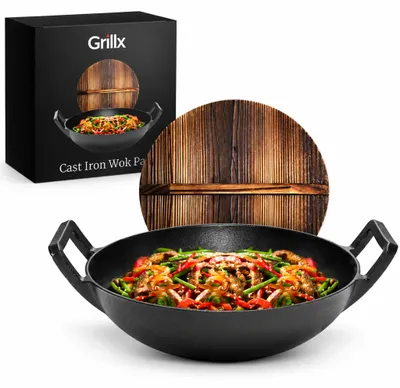 Produktbild von GrillX Wokpan Gietijzer - Met Houten Deksel - Ø 36cm - Gietijzeren Wadjan - BBQ & Inductie Pan - PFAS Frei