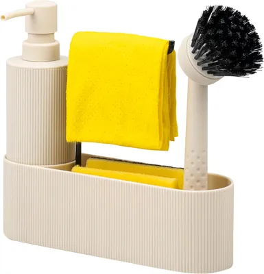 Produktbild von Spülbecken Organizer mit Soft-Touch Oberfläche im Riffeldesign für Küche & Bad, inkl. Seifenspender, Spülbürste mit Bürstenkopf und Spültuchhalter, mit Ersatzbürstenkopf und Pumpe (Beige)