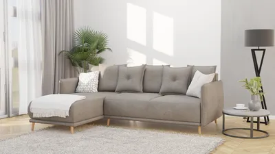 Produktbild von Radiant - Ecksofa mit Schlaffunktion und Bettkasten in scandinavischem Design mit Holzfüßen aus Dunkelbeige Luxusmicrofaser - Ottomane links