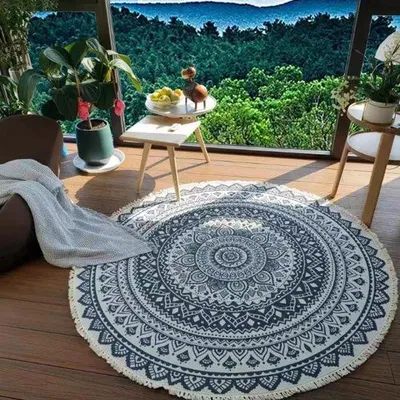 Produktbild von Unyqoos® Runder handgewebter Baumwoll-Teppich 90 cm – Boho Mandala blau mit Fransen, waschbar, rutschfeste PVC-Unterlage, für Wohnzimmer & Balkon