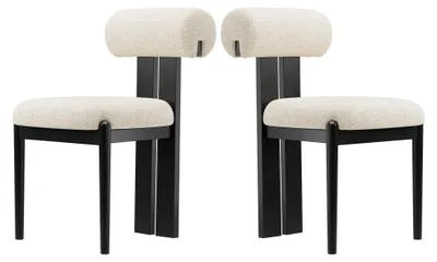 Produktbild von 2er-Set moderne Esszimmerstühle mit zylindrischer Rückenlehne, Holzgestell und schwarzen Beinen, für Küche und Esszimmer, Beige