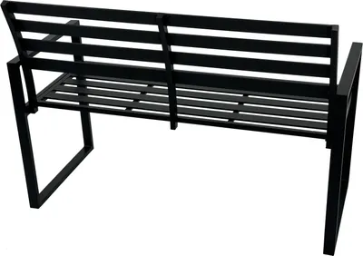 A black metal park bench viewed from the back.