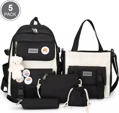 Image de ["5 pièces Sacs à dos pour étudiants Embrayage Adolescents Sacs de baie Grande capacité Sacs scolaires Garçons Filles Sac à main Crayon, Noir"],