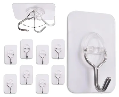 Produktbild von 9 Stück Klebehaken Transparent, Selbstklebende Haken,Wasserdicht Haken Ohne Bohren,Haken Selbstklebend Heavy Duty 10 kg (max),Transparente Klebehaken für Küche Bad Wohnzimmer Decke Büro
