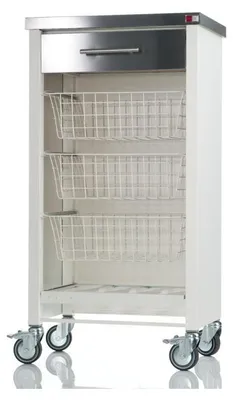 A white kitchen cart with a stainless steel top and drawer, three wire baskets, and a bottle holder.