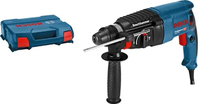A Bosch rotary hammer drill and its blue carrying case are shown against a white background.