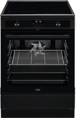 A front view of a black AEG stand-alone oven with the oven door open, revealing the interior and a rack.