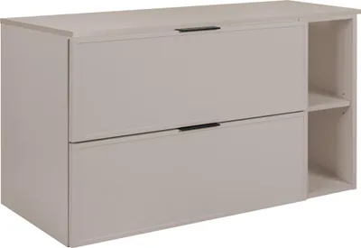 A light beige cabinet with two drawers and an open shelf on the right side, shown from a slightly elevated diagonal angle.