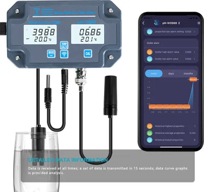 Produktbild von 6in1 pH-Messgerät WiFi Wasserqualitätstester wandmontiert, PH/EC/TDS/SALT/S.G./Temperatur, APP-Steuerung, Alarm, für Trinkwasser, Aquarium, Labor
