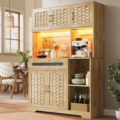 Produktbild von Hochschrank 120x40x180cm Vitrine mit LED-App-Steuerung & Musikmodus, Küchenschrank Natur Holzoptik, MDF-Geflecht & Glastüren