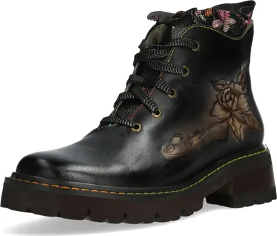 Produktbild von Laura Vita Damen Stiefelette mit Plateau Blumenmuster und Rüschen Kouleo 45, Größe:38 EU, Farbe:Schwarz