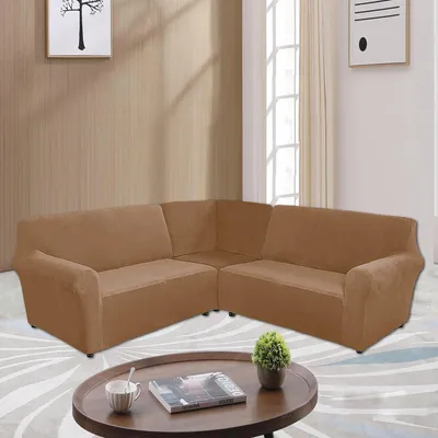 Obrázek produktu pro Topchances Velvet Sofa Cover L Shape 5 Seater Corner Sofa Cover 3 Piece Stretch Sofa Cover for L Shaped Sofa Furniture Thick Soft Washable Corner Sofa Cover, Brown