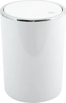 A white trash can with a silver rim and a white lid.