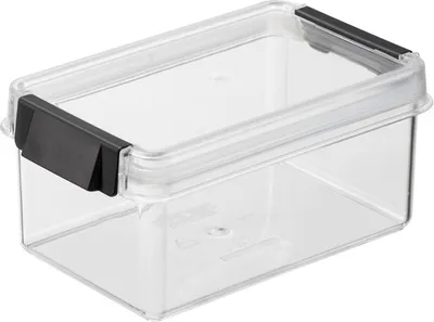 A clear, studio shot of a transparent plastic storage container with a black latch.
