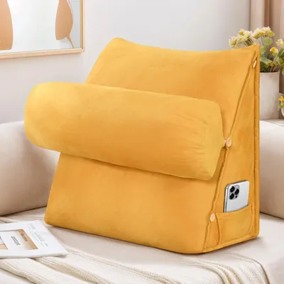 Produktbild von Rückenkissen Für Bett Und Sofa - Lesekissen Mit Nackenrolle - Druckentlastendes Keilkissen 60x22x50 cm - Abnehmbarer Waschbarer Bezug - Seitentasche - Gelb