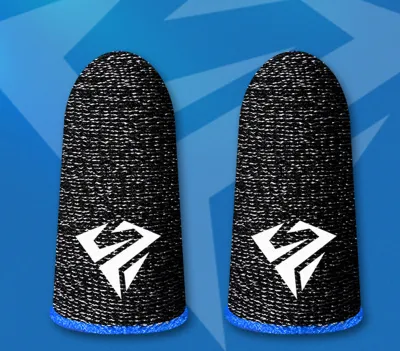 Two black finger sleeves with a white logo and blue trim, set against a blue background with abstract white shapes.