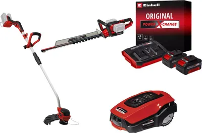 Image de Kit premium jardin sans fil Einhell – Taille-haies 36V, coupe-bordure 36V, robot tondeuse + batteries 4.0Ah
