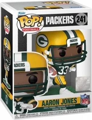 A Funko Pop! vinyl figure of Aaron Jones of the Green Bay Packers, shown in its original packaging.