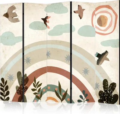 Produktbild von 5-teiliger Doppelseitiger Vlies Paravent - Sun Above the Rainbow - Birds in Subdued Colors Flying Among Clouds Above a Rainbow and Vegetation on a Light Beige Background 225x172 cm Für Kinder e-C-10065-z-b